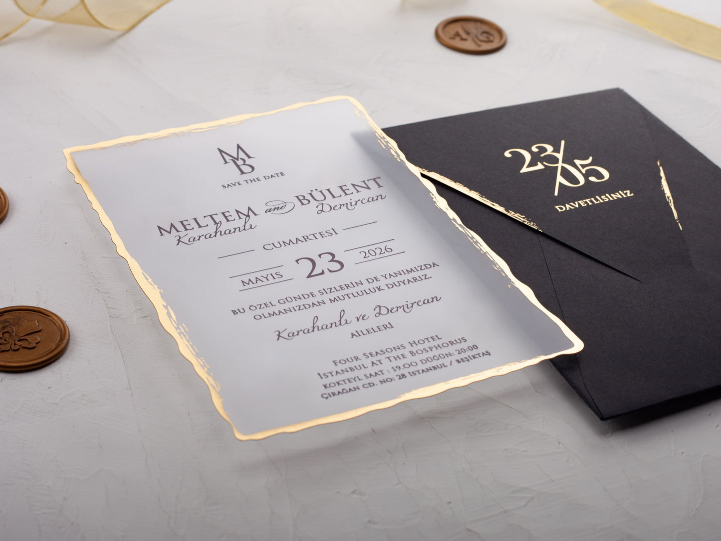 Black and Gold Deckled Edge Acrylic Wedding Invitation