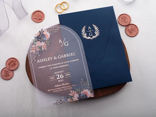 Floral Acrylic Wedding Invitation with Navy Blue Envelope