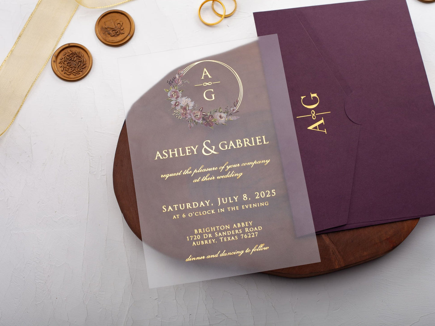 Floral Acrylic Wedding Invitation with Purple Envelope