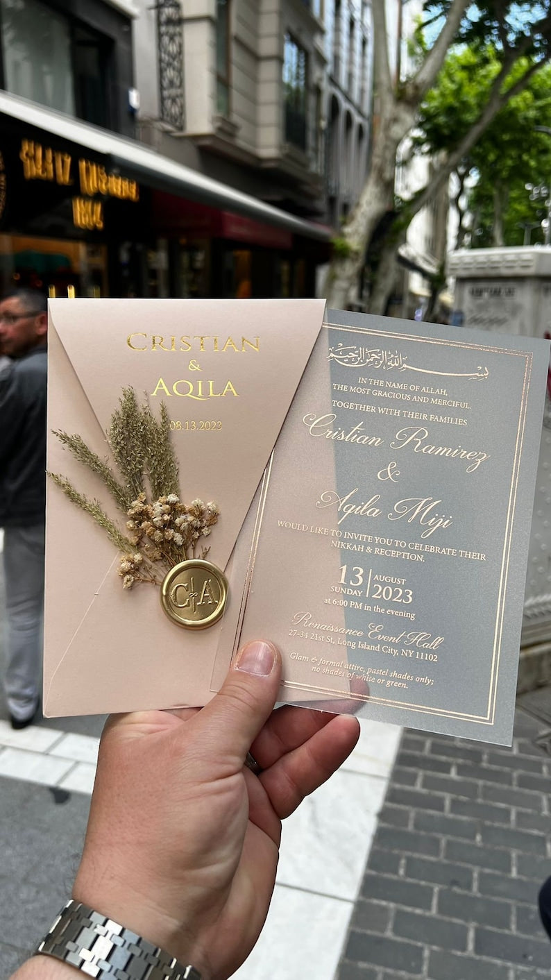 Champagne Elegant Acrylic Wedding Invitation with Gold Foil Accents