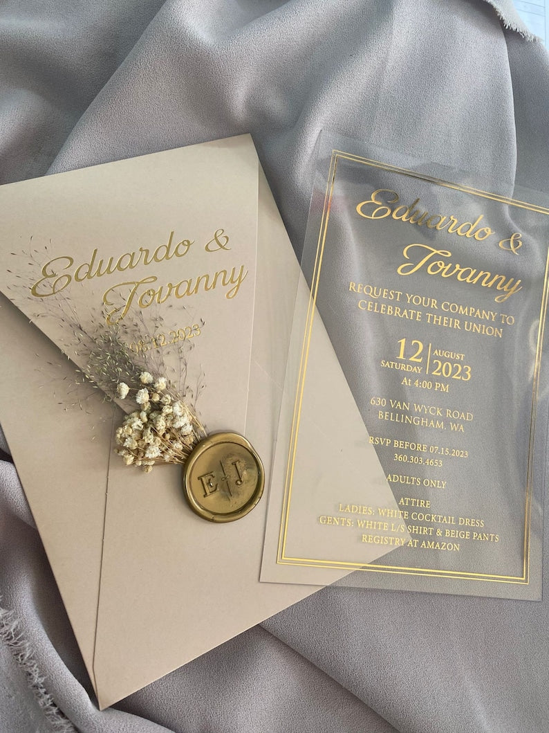 Champagne Elegant Acrylic Wedding Invitation with Gold Foil Accents