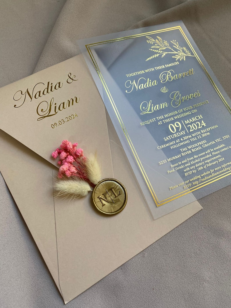 Champagne Elegant Acrylic Wedding Invitation with Gold Foil Accents